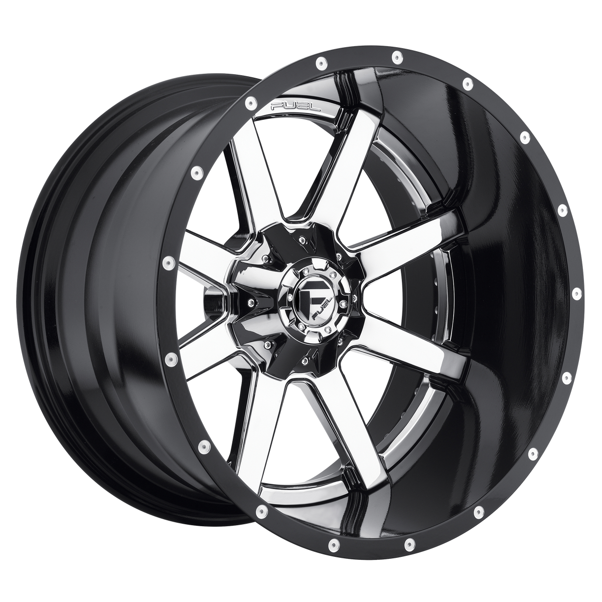 Fuel 1PC D260 MAVERICK – 24X12 – 8X165.1 – -44 mm – CHROME PLATED GLOSS BLACK LIP