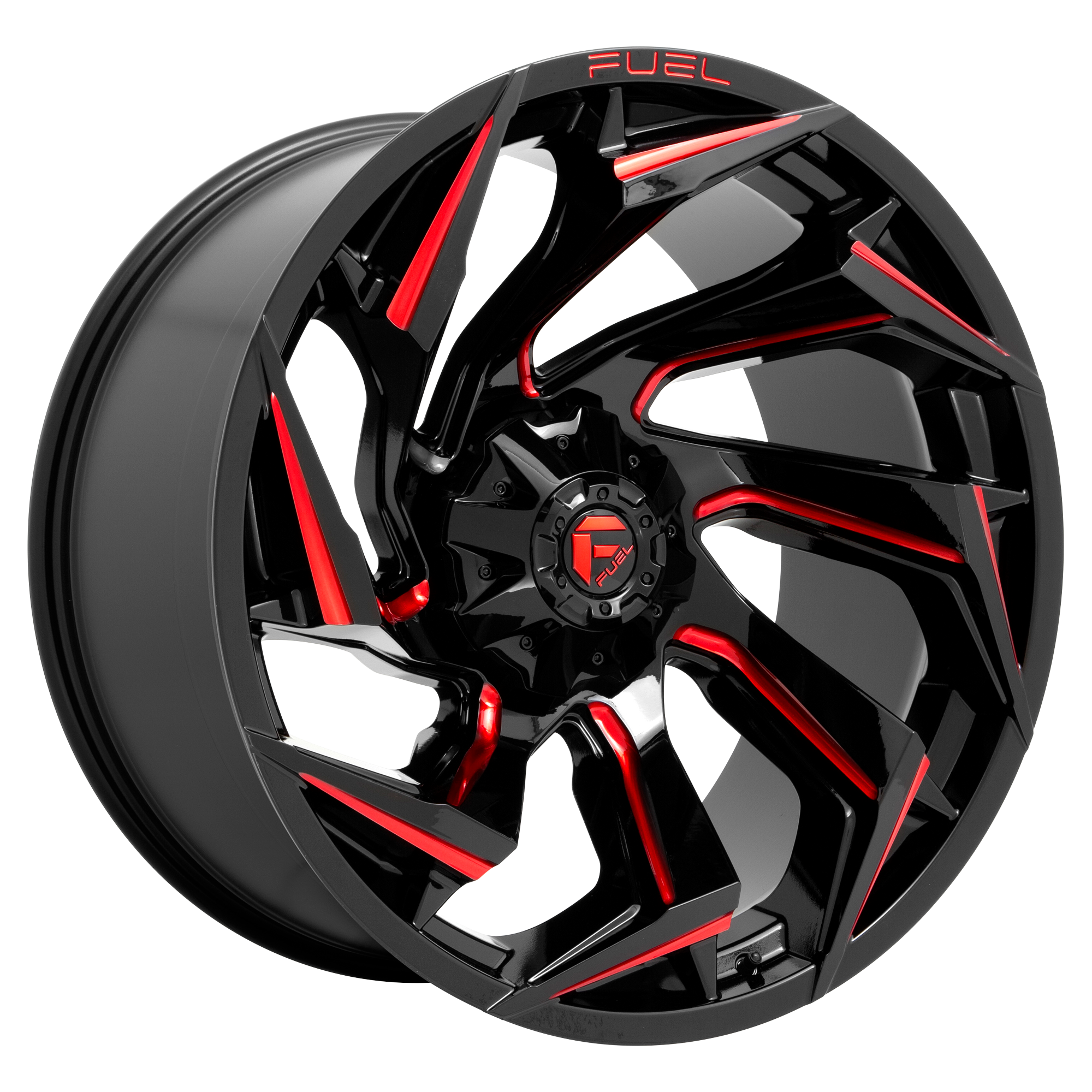 Fuel 1PC D755 REACTION – 20X9 – 5X114.3/5X127 – 20 mm – GLOSS BLACK MILLED W/ RED TINT