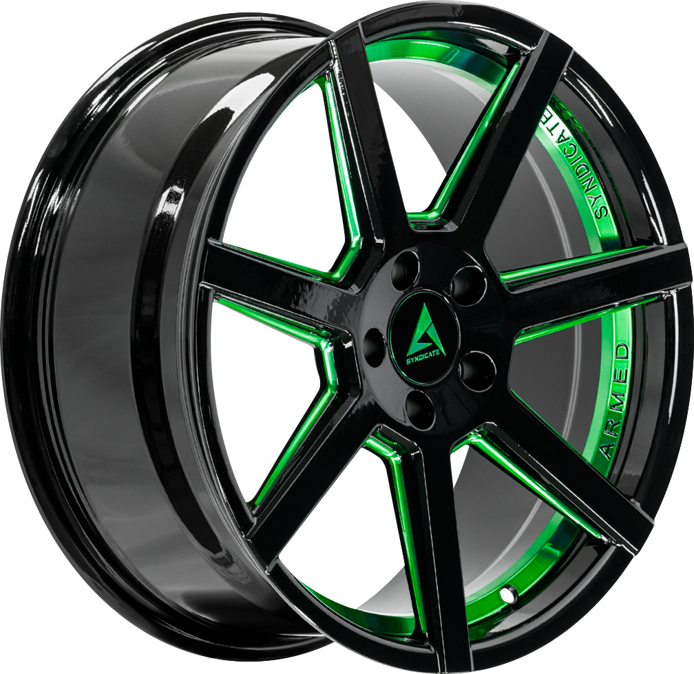 ARMED SYNDICATE ASSASSIN 74.1 18x8 5x112|5x114.3 35 GLOSS BLACK + GREEN